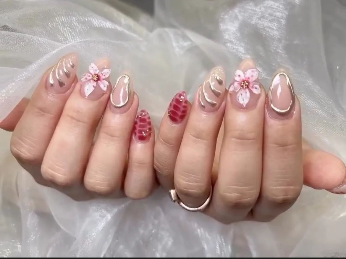 JIA NAIL 粉色花朵飾品美甲彩繪